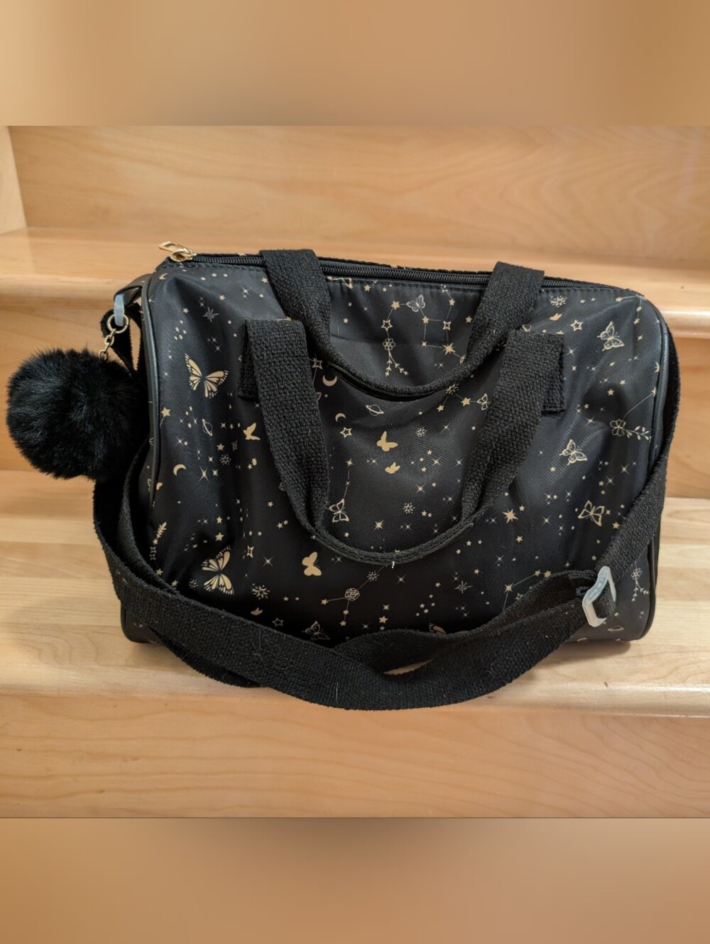 Black Star & Butterfly Print Duffle Bag with Pom Keychain